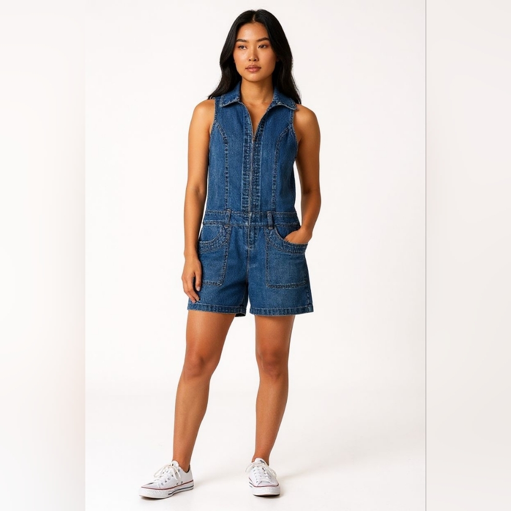 Vintage Blessed Womens Shortalls Size XS Bib Romper Zipper Y2K Casual‎ Med Wash